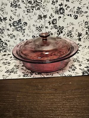 Pyrex Vision Ware V-33-B  Cranberry 2.5 Qt Ribbed Oval Roaster W/Lid  Corning • $22.45