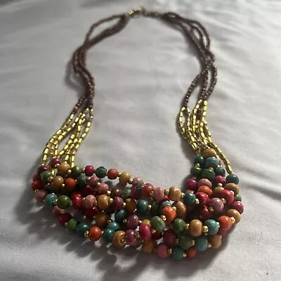 Vintage 6 Six Strand Wood And Brass Multicolor Beaded Necklace Bohemian 29” • $23