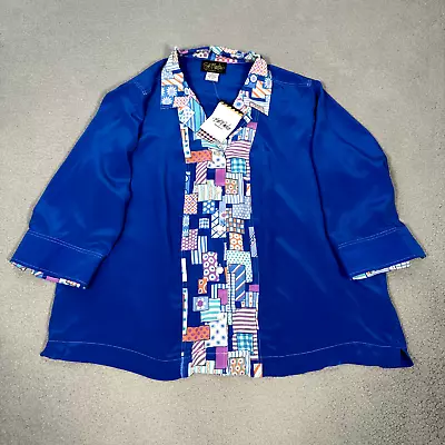 Bob Mackie Wearable Art 100% Silk Top Women 2X Blue Floral Contrast Cuffs Trim • $34.99