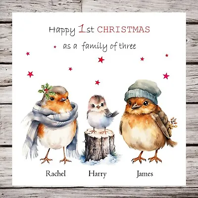 First Christmas Cards Personalised Family Of 3 Mum Dad Baby Girl Boy Robins • £3.69