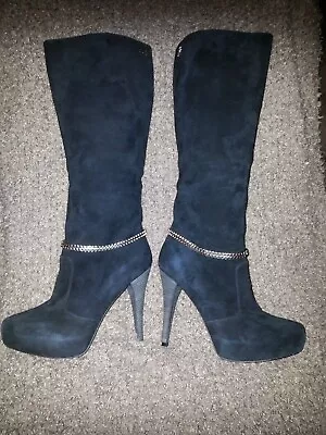 MISS SIXTY-Black Suede Stiletto Platform Boots W/Silver Chains-Super Sexy-Sz 37 • $59.99