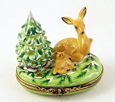 New French Limoges Trinket Box Amazing Deer And Cute Fawn In Winter Forest • $179.99