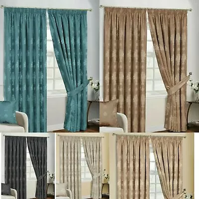 Fully Lined Jacquard Curtains Pencil/Ring Ready Made Luxury Floral Curtains • £8.99