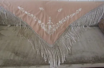 Vintage Silk Embroided Shawl Hand Knotted Fringe • $125