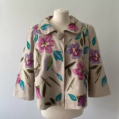 M & S Autograph Beige Multi Linen Blend Jacket Floral Tapestry Lined Size 16 VGC • £14.99