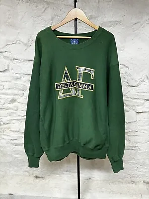 Vintage 90s DELTA GAMMA Green Crewneck Sorority Sweatshirt XL Faded Embroidered • $59.95