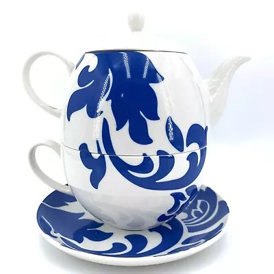 Martha Stewart Lisbon 4 Piece Tea For One Porcelain Navy Blue & White Pot Cup • $10.99