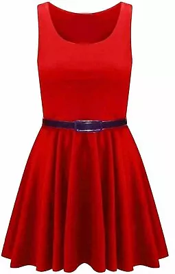   Womens Ladies Skater Dress Sleeveless Tailored Belted Dresses Short Party Sexy • £8.99