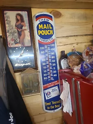 Vintage Advertising Thermometer 'MAIL POUCH' Chew Tobacco Metal Sign 38.5  X 8  • $250