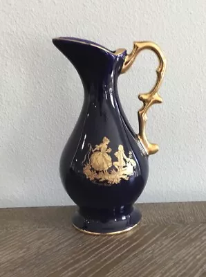 Limoges Castel France Cobalt Blue 22 Karat Gold 7” Vase Courting Couple • $35