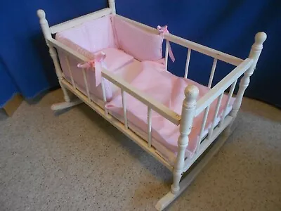 Vintage Wooden Baby Doll Cradle Crib CASS Brand? + Linens 26  Long • $49