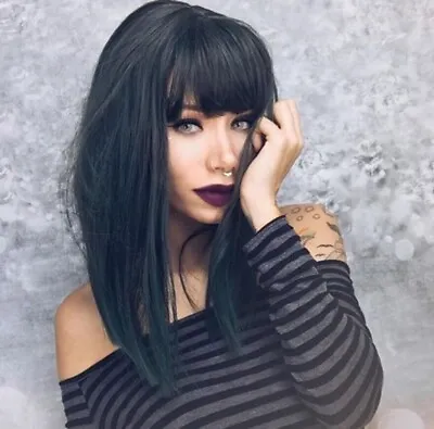 Black Medium Long Straight Wig With Bangs Synthetic Hair For Women Cosplay Party • $14.09