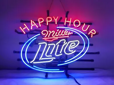 New Miller Lite Happy Hour Neon Light Sign Beer Bar Real Glass Artwork 19 X15  • $121.49