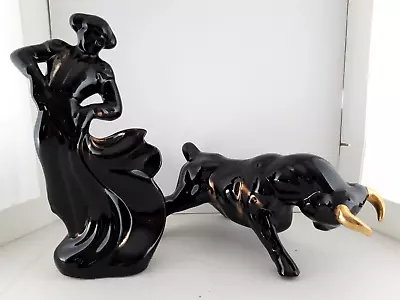 Matador Bull Statues MCM Mod Ceramic Mold Vintage Black Gold 12  Figures EUC • $89.99