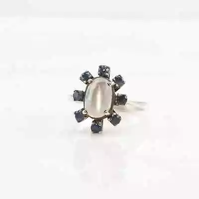 Vintage Mid Century Silver Ring Moonstone Sapphire Flower Sterling Size 7 1/4 • $395