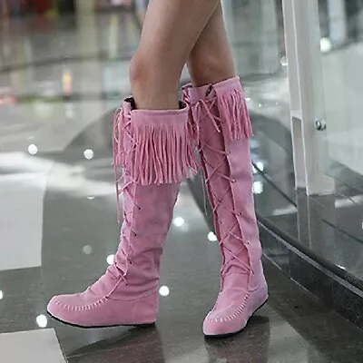 Moccasin Style Cord Lace-Up Boots Womens Flats Fringe Knee High Riding Boots • $55.91