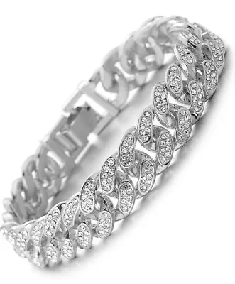 Mens Silver Bracelet Chain Link Curb Diamond Iced Bling Thick Heavy Gift • £6.99