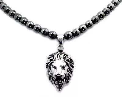 Men's Magnetic Hematite Round Bead Necklace W/ Stainless Steel Lion Head Pendant • $29.74