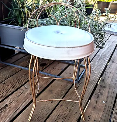 Vtg MCM Mid-century Brass VANITY STOOL Chair With White Pleather Cushion • $85.99