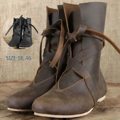 Medieval  Lace Up Single Shoes Carnival Men Knight Prince Leather Boots Prop Hal • $36.42