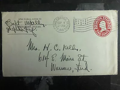 1916 Mercedes Llano Grande TX Cover To Warsaw IN Mexico Border Camp Cpt M Kelly • $90