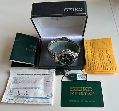 Seiko Kinetic Black Sub Watch Original Box Instructions Gtee & Swing Tag RARE • £375