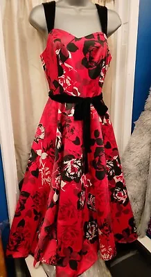 Red Black White Floral Rockabilly Skater Emo Full Circle Skirt Fashion Dress 10  • £20