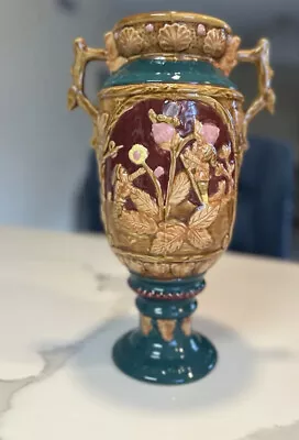 Vintage Majolica Style Beautiful Handled Vase 11”Glossy Art Pottery • $20