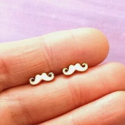 White & Gold Moustache Stud Earrings Retro Kitsch Cute Studs & Free Gift Bag • $4.95