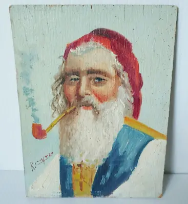 SIGNED Old Man With Pipe Portrait Art Painting Original On Wood Vintage Blue Red • $48.40