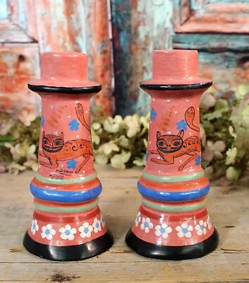 Candlestick Pair Clay Shapeshifter Hand Painted Burnished Tonala Mexico Folk Art • $58