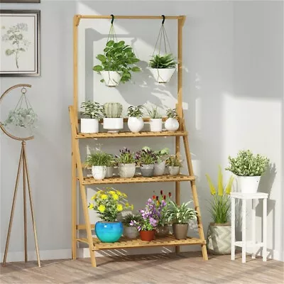 Heavy Duty Flower Stand 3 Tier Ladder Fold Shelf Herb Plant Holder Display Wood • £23.91