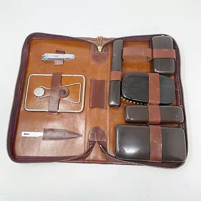 Vintage Leather Mens Travel Celluloid Grooming Toiletry Kit Brown Leather Case • $18