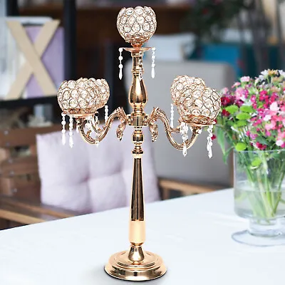 $72 • Buy 5 Arms Crystal Candelabra Gold Candlestick Wedding Centerpiece Candle Holder
