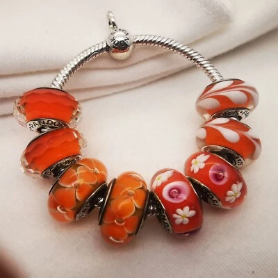 $76.69 • Buy Authentic PANDORA Orange Flower Theme Murano 925 Beads Silver Charm Combination