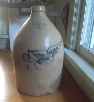 1870s WHEELER & CO BOSTON COBALT DECORATED 2 GALLON SALT GLAZE STONEWARE JUG • $300