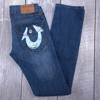 True Religion Jeans Womens Size 26x32 Blue Denim Printed Pocket Straight Pants • $25.87