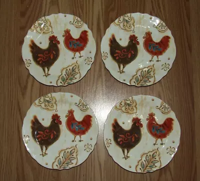 New Set Of 4 Pier 1 Gallo 9  Luncheon Plates Roosters Ironstone Salad Dessert • $29.95