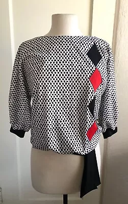 Vintage 80s Clothing Harlequin Pattern Blouse Black White Red Women's Size 8 S/M • $12.99