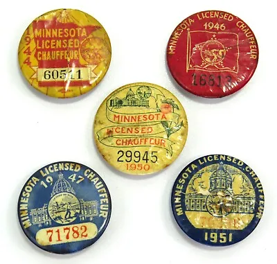 Licensed Chauffeur Button Pins Minnesota Vintage 1940's-50's Lot Of 5 • $25.96