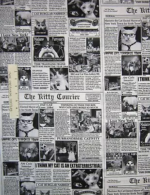 Pet Fabric - Black & White Cat Newspaper Funny Puns - Timeless Treasures YARD • $10.98