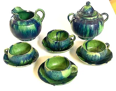 Antique Oaxaca Mexico Early & Fine Blue Green Dripware Tea Coffee Set 10 Pc • $95