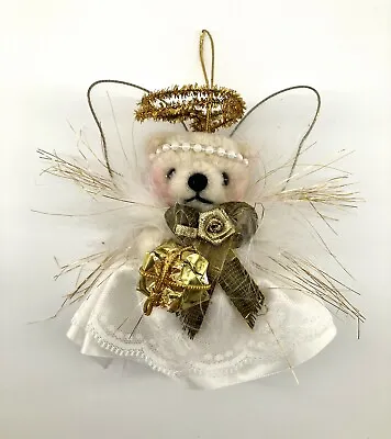 Vintage Christmas Tree Ornament Plush Angel Bear White Satin Gold Trim 1980s 5” • $9.50