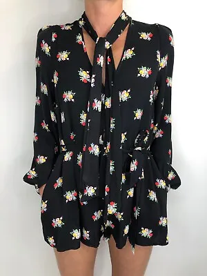 Alice McCall Womens Sirduke Playsuit Size 10  Black Floral Long Blouson Sleeve • $95