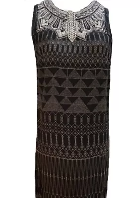 H & M Maxi Dress Side Slits Sleeveless Aztec Beading Black White Modal India 4 • $19.99