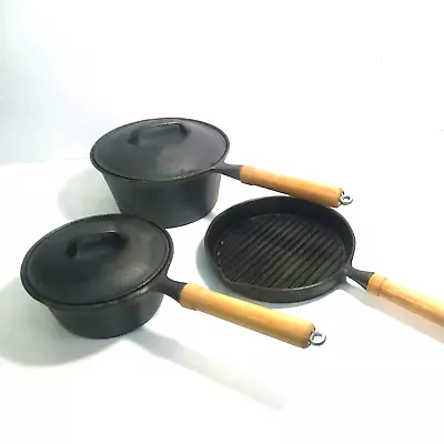 Vintage WKM Cast Iron 5- Piece Skillet And Pots Set With Wooden Handles • $35.95