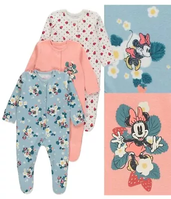 Bnwt Baby Girls Disney Minnie Mouse Strawberry Pk 3 Sleepsuits Age 12-18 Mths  • £14.99