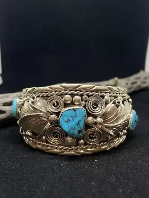 Native American Navajo King Man Turquoise Sterling Silver Cuff Bracelet Stamped • $550