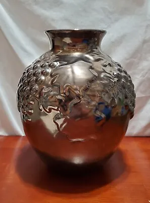 Large Round Haeger Pottery Vase Antique Bronze Finish Raised Grape & Leaf Design • $24.97