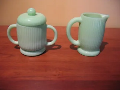 Martha Stewart Jadeite Sugar Bowl W/ Lid And Creamer Ribbed • $38